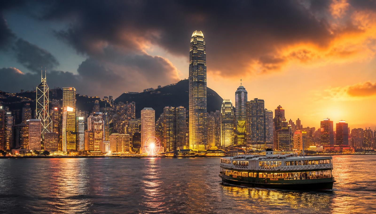 Hong Kong skyline at dusk over Victoria Harbour